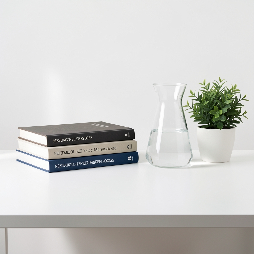 Wide editorial photograph of a clean minimalist desk with stacked research journals, a glass water carafe, and a small potted plant under bright studio lighting