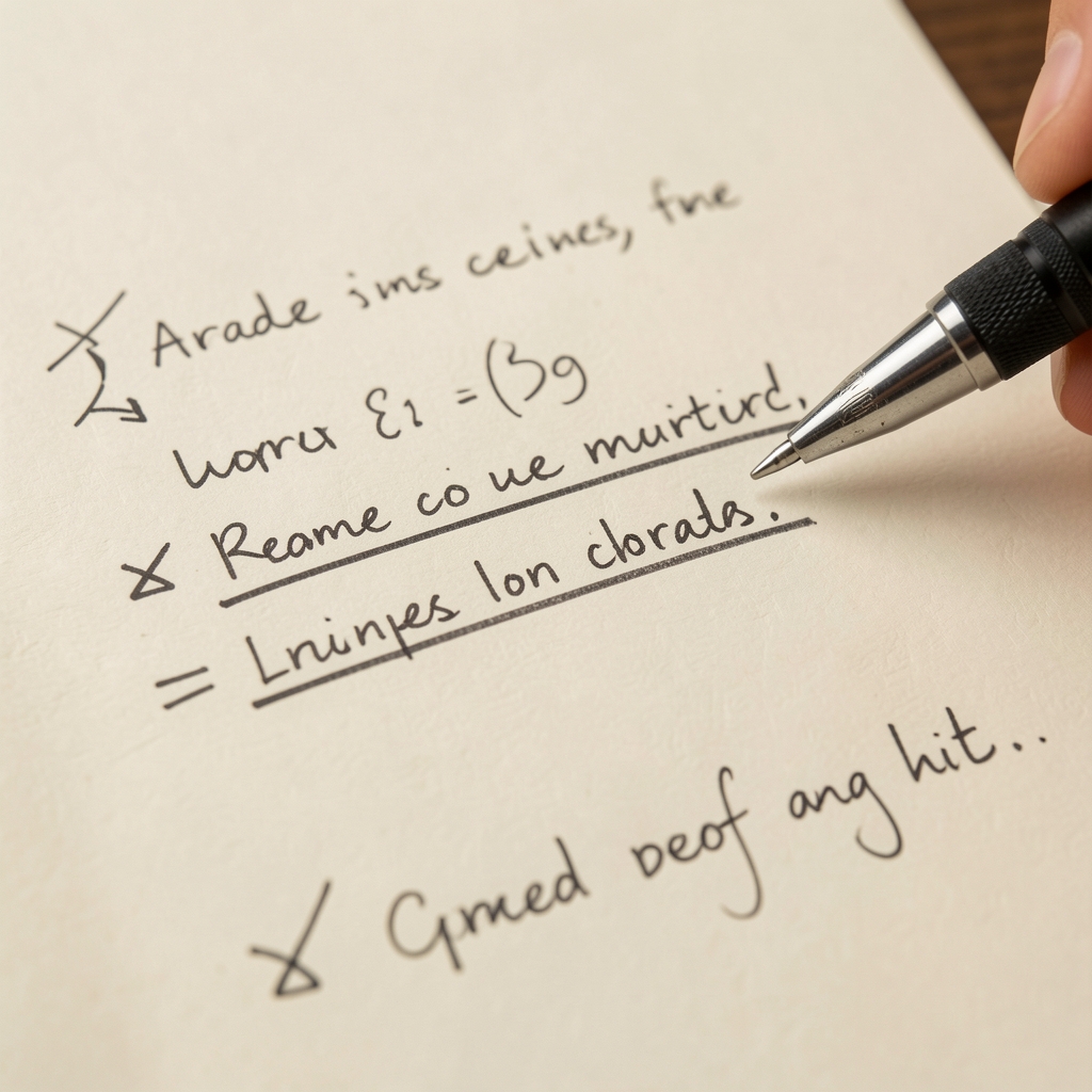 Macro photograph of handwritten research notes on cream paper with a mechanical pencil, showing annotation marks and underlined passages