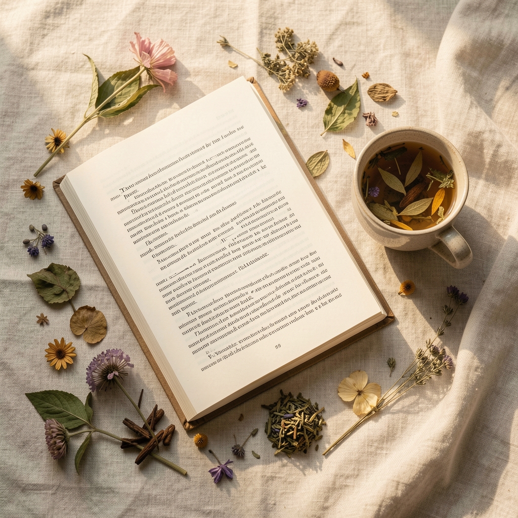 Overhead editorial photograph of a journal, scattered dried botanicals and a cup of herbal tea on a pale linen surface, warm morning light