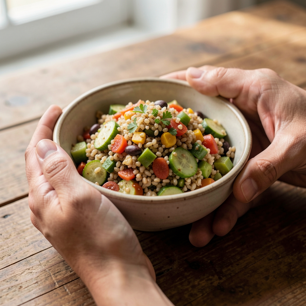 Close-up of hands holding a ceramic bowl of nourishing grain salad on a wooden table in soft natural daylight