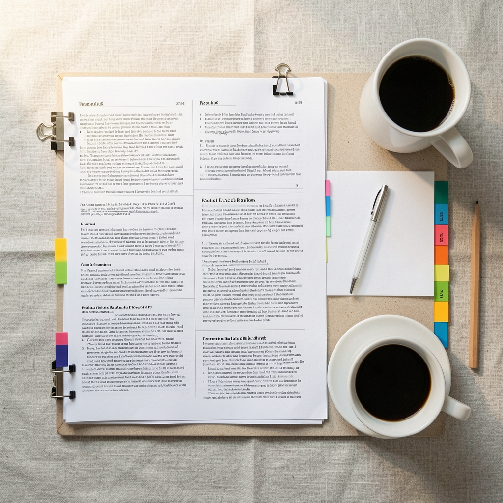 Flat-lay of a structured research planning board with printed journal abstracts, coloured index tabs and a cup of black coffee on a pale linen surface in bright workspace lighting