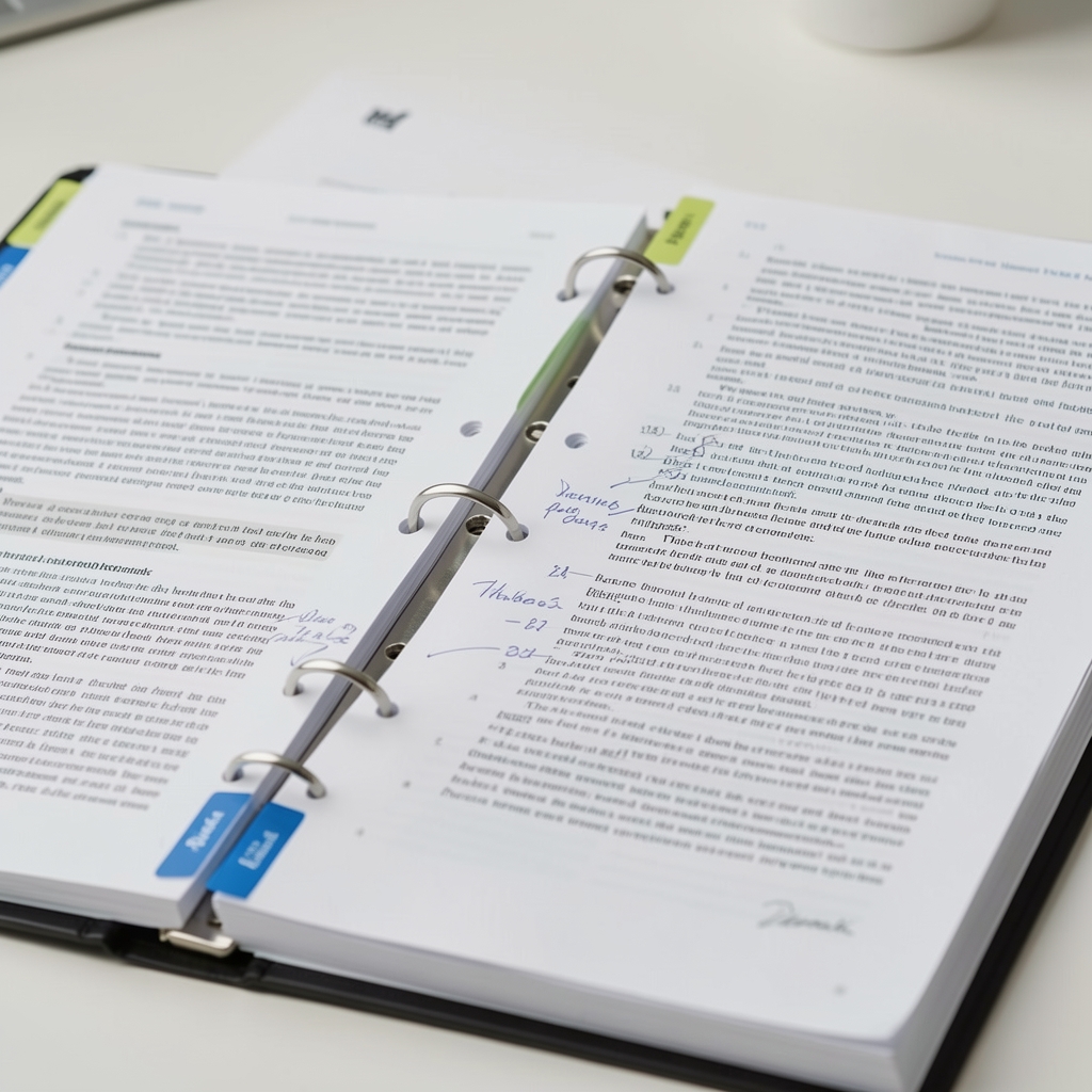 Close-up of an open research binder with tabbed sections and handwritten annotation marks on printed journal pages under clean workspace lighting