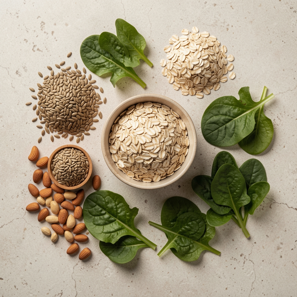 Flat lay of various whole foods including nuts, seeds, leafy greens, and a bowl of oats arranged on a light stone surface