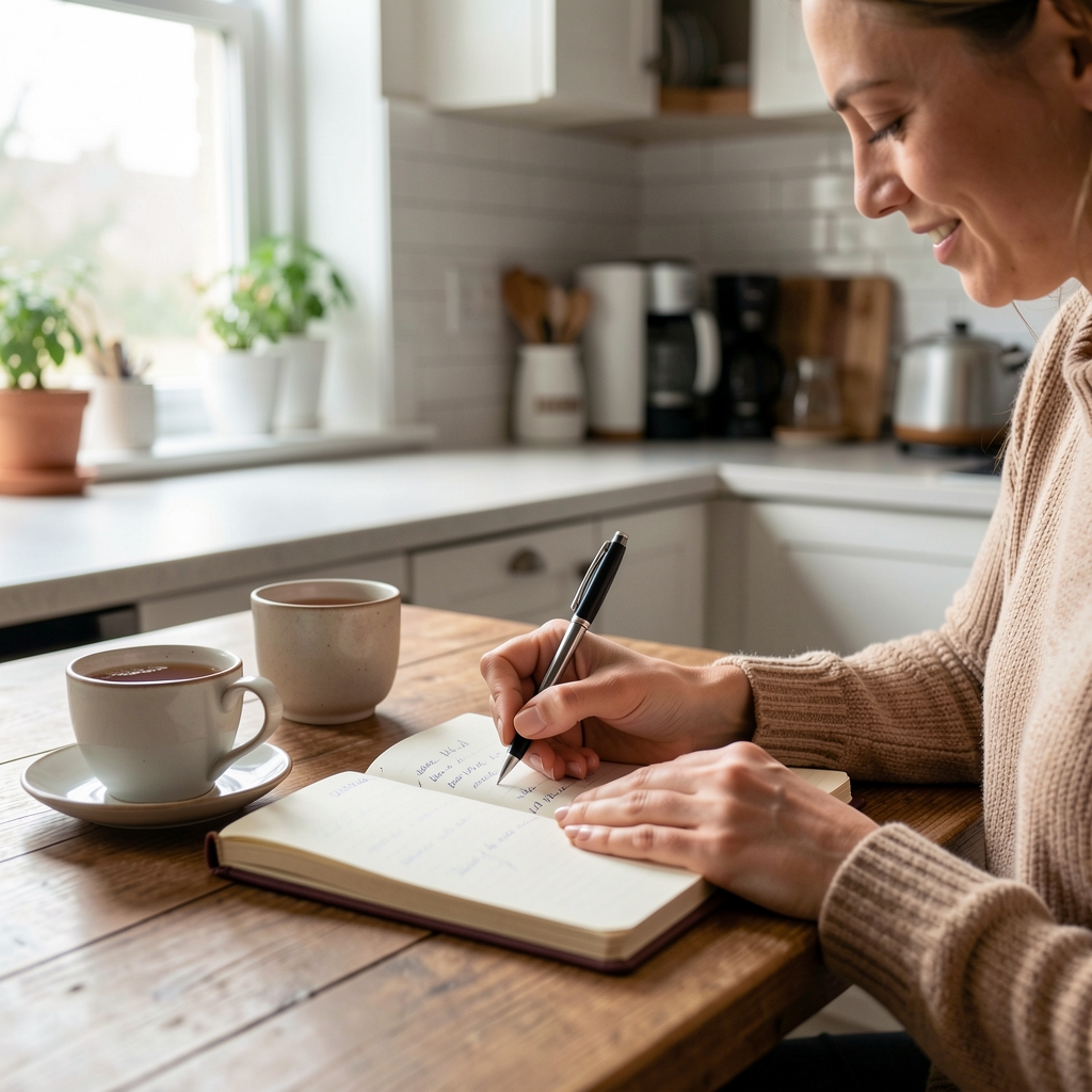 Person writing in a food journal at a kitchen table with a cup of tea, pen in hand, natural window light