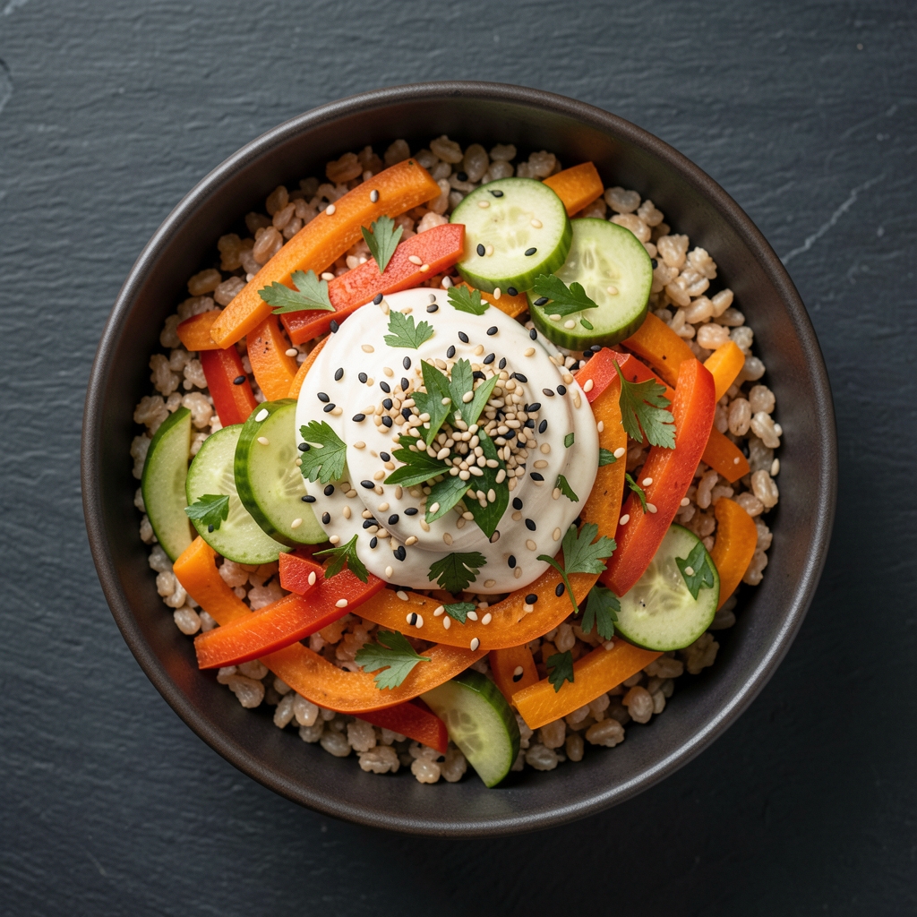 Editorial macro photograph of layered grain bowl with coloured vegetables, sesame seeds and herbs, overhead view on a slate surface