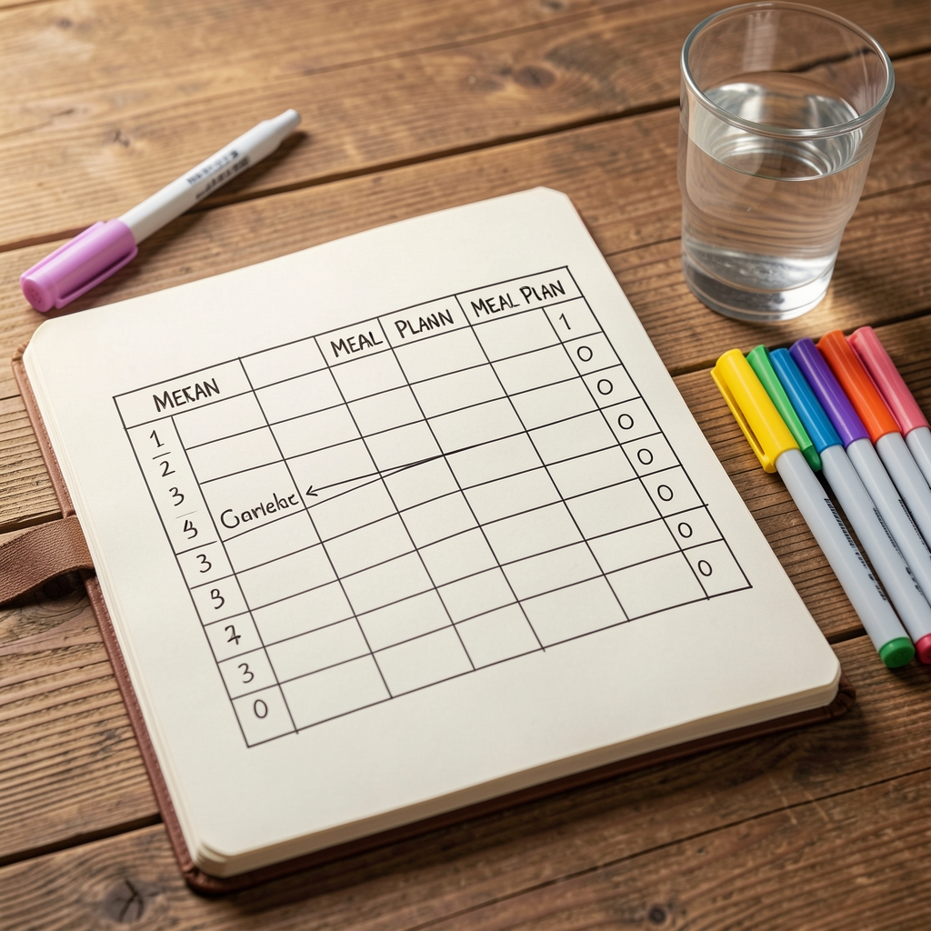 Open notebook with hand-drawn meal plan grid, coloured markers on a wooden desk beside a glass of water